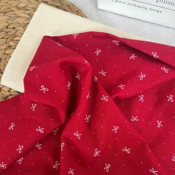 Vải Linen Bột Dày NƠ TRẮNG NỀN ĐỎ Chất Vải Dày Dặn