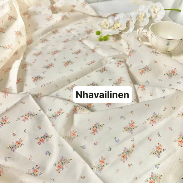 Vải cotton hoạ tiết hoa tím cam