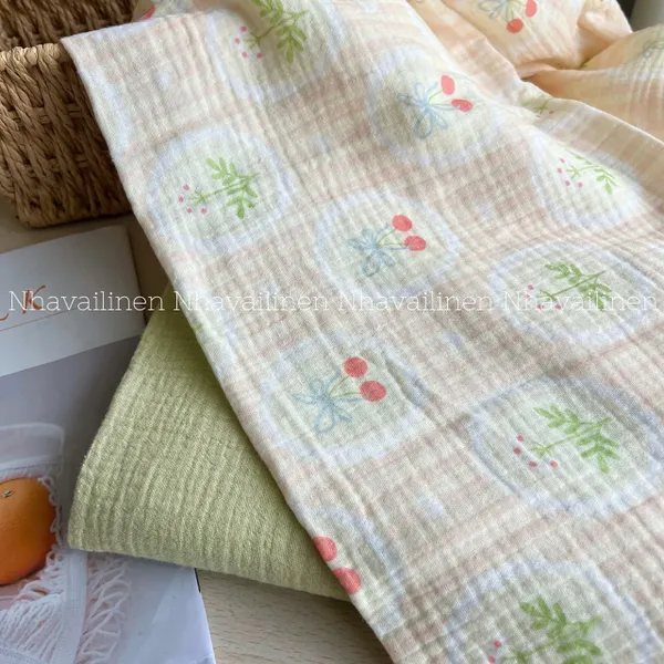 Xô muslin cao cấp 2 lớp hoạ tiết cherry nơ
