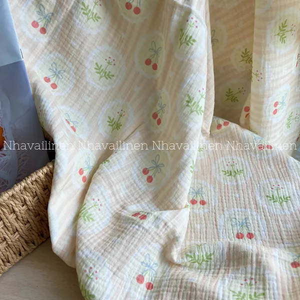 Xô muslin cao cấp 2 lớp hoạ tiết cherry nơ
