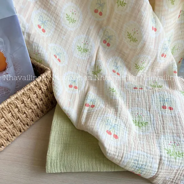 Xô muslin cao cấp 2 lớp hoạ tiết cherry nơ