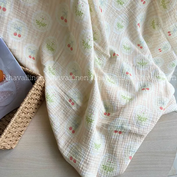 Xô muslin cao cấp 2 lớp hoạ tiết cherry nơ