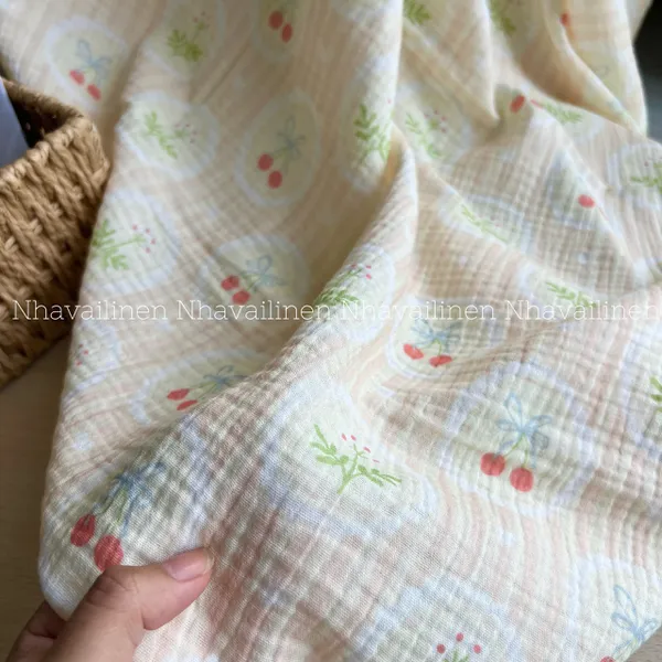 Xô muslin cao cấp 2 lớp hoạ tiết cherry nơ