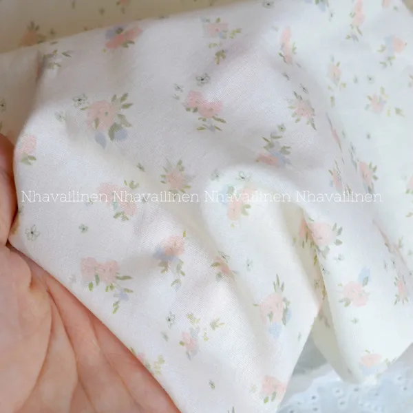Vải cotton hoạ tiết hoa xanh hồng