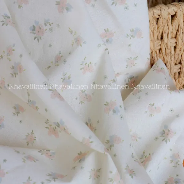 Vải cotton hoạ tiết hoa xanh hồng