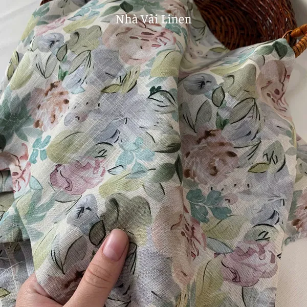 Vải linen gân hoa loang xanh