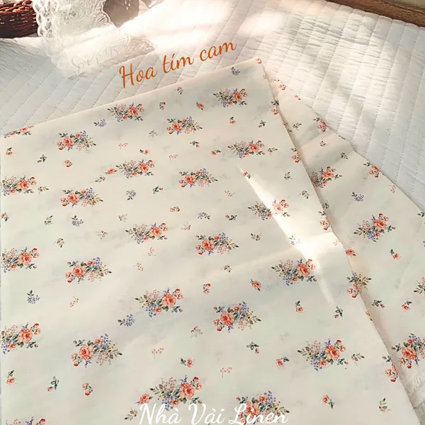 Vải cotton hoạ tiết hoa tím cam