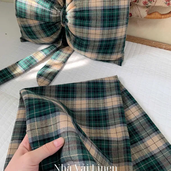 Vải caro cotton xanh be