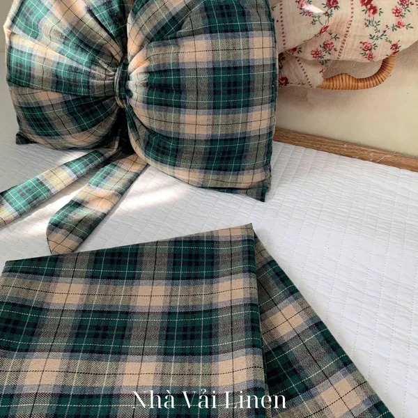 Vải caro cotton xanh be