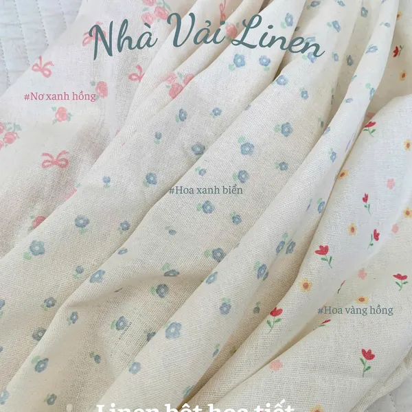 Vải Linen Bột Hoạ Tiết Hoa Xanh Biển