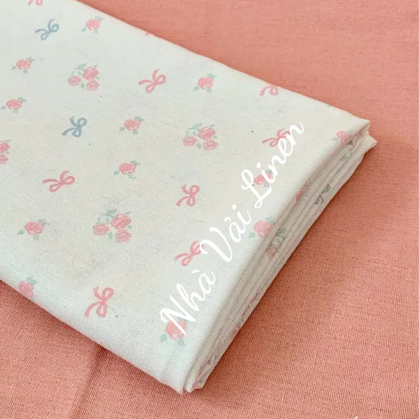 Vải Linen Bột Hoạ Tiết Nơ Xanh Hồng