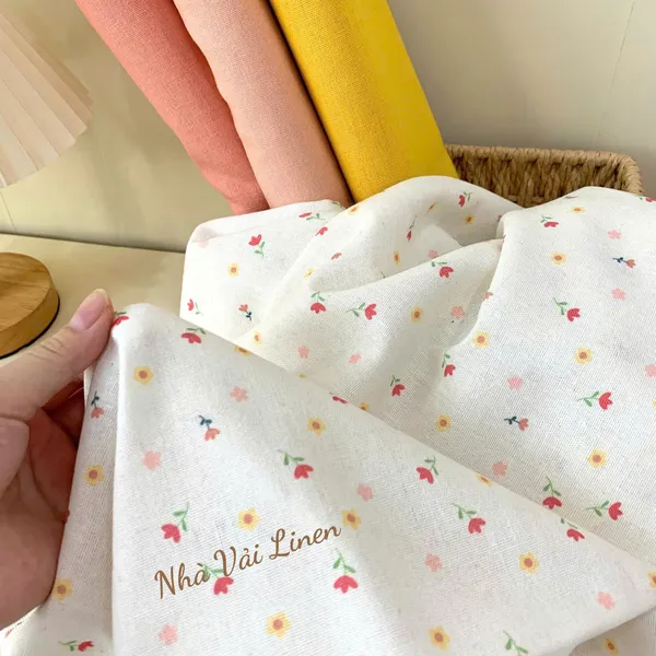 Vải Linen Bột Hoạ Tiết Hoa Vàng Hồng
