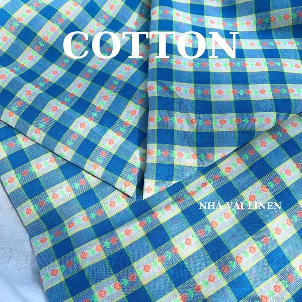 Vải cotton hoạ tiết caro xanh hoa cam