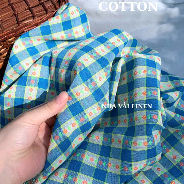 Vải cotton hoạ tiết caro xanh hoa cam