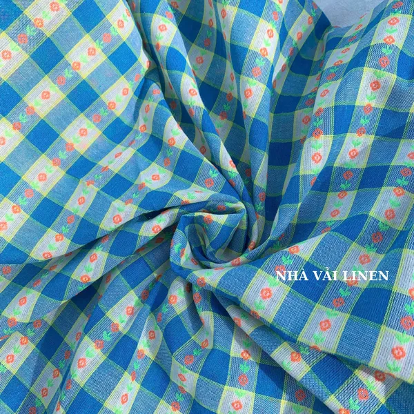 Vải cotton hoạ tiết caro xanh hoa cam