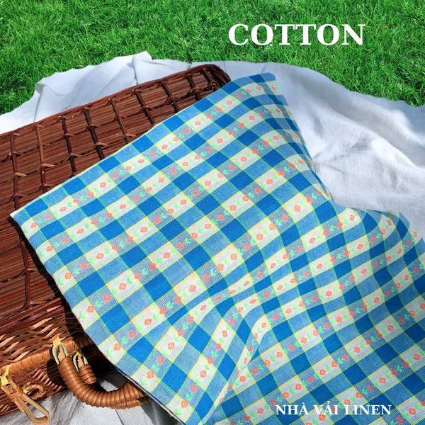 Vải cotton hoạ tiết caro xanh hoa cam