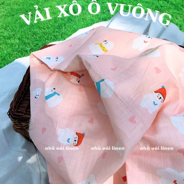 Vải xô ô vuông organic hoạ tiết gấu tuyết
