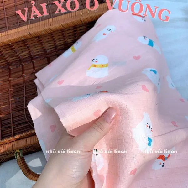 Vải xô ô vuông organic hoạ tiết gấu tuyết