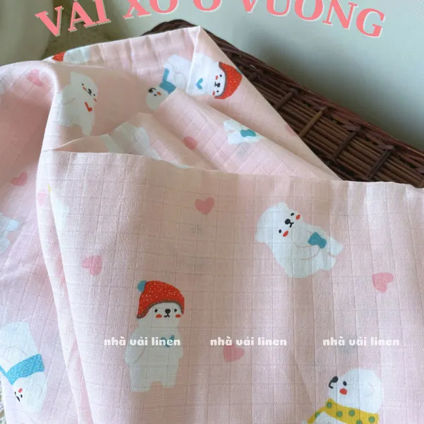 Vải xô ô vuông organic hoạ tiết gấu tuyết