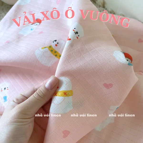 Vải xô ô vuông organic hoạ tiết gấu tuyết