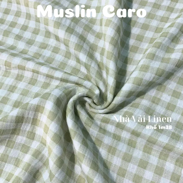 Xô muslin cao cấp 2 lớp hoạ tiết caro xanh rêu