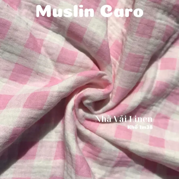 Xô muslin cao cấp 2 lớp hoạ tiết Caro Hồng