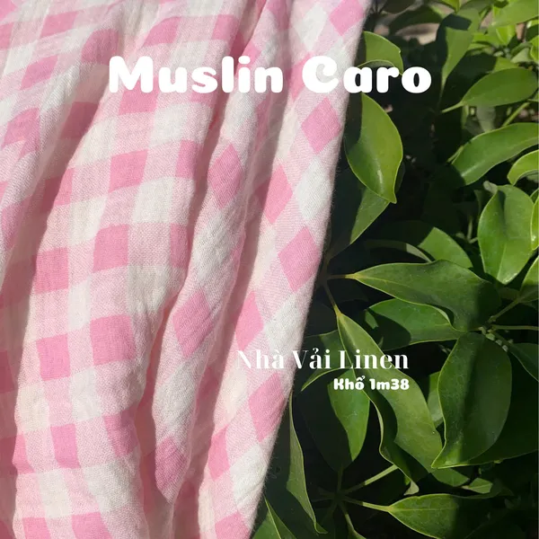 Xô muslin cao cấp 2 lớp hoạ tiết Caro Hồng