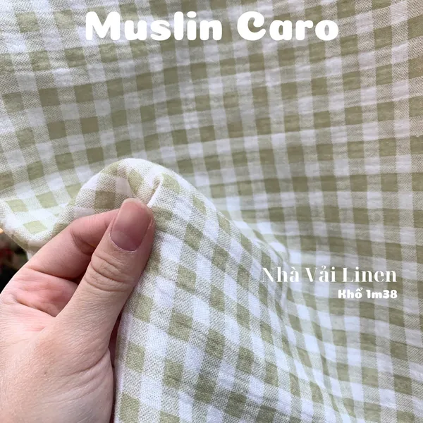 Xô muslin cao cấp 2 lớp hoạ tiết caro xanh rêu