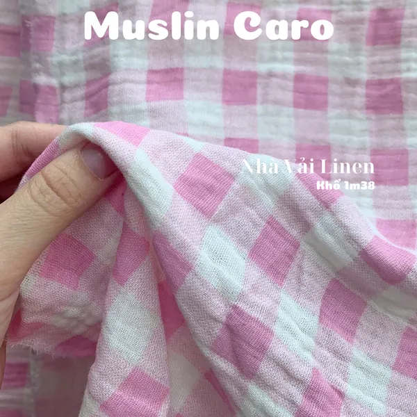 Xô muslin cao cấp 2 lớp hoạ tiết Caro Hồng