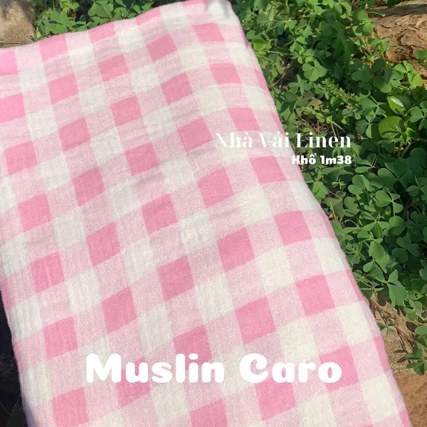 Xô muslin cao cấp 2 lớp hoạ tiết Caro Hồng