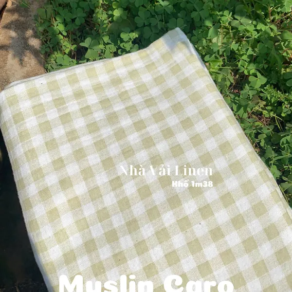 Xô muslin cao cấp 2 lớp hoạ tiết caro xanh rêu