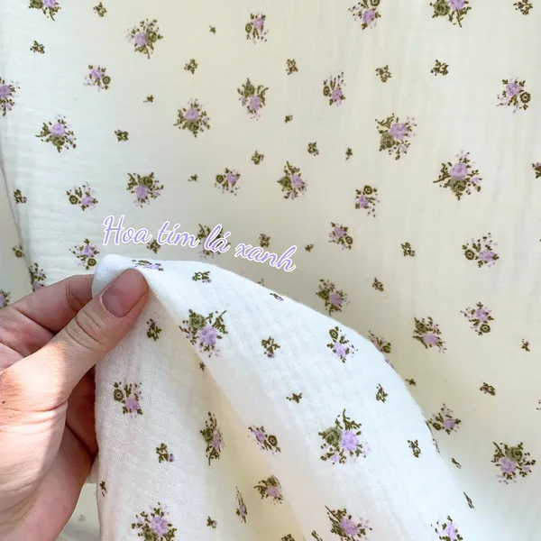 Xô muslin cao cấp 2 lớp hoạ tiết hoa tím lá xanh