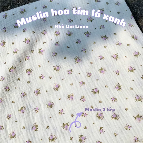 Xô muslin cao cấp 2 lớp hoạ tiết hoa tím lá xanh