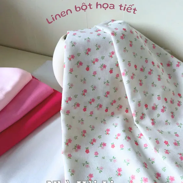 Vải linen bột hoạ tiết hoa anh đào