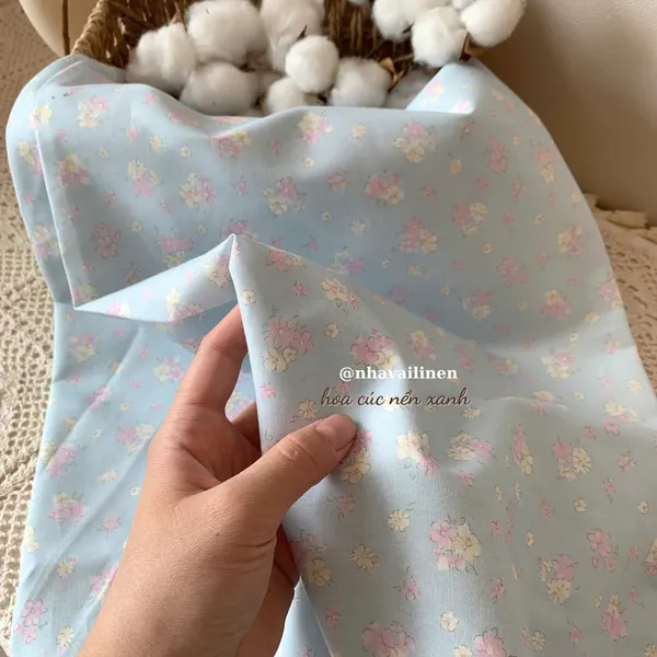 Vải cotton hoạ tiết hoa cúc nền xanh