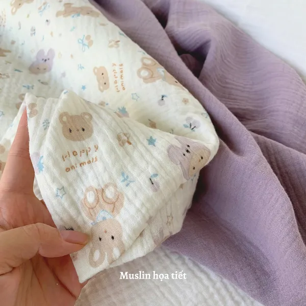 Xô muslin cao cấp 2 lớp hoạ tiết gấu thỏ