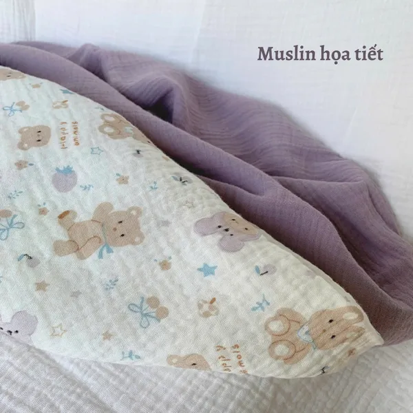 Xô muslin cao cấp 2 lớp hoạ tiết gấu thỏ