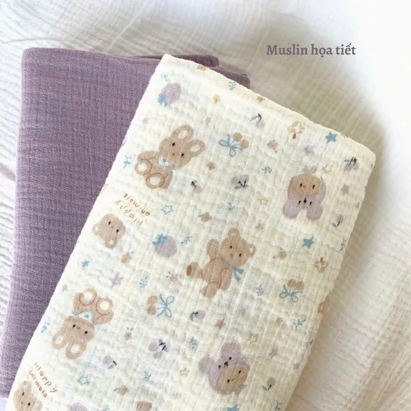 Xô muslin cao cấp 2 lớp hoạ tiết gấu thỏ