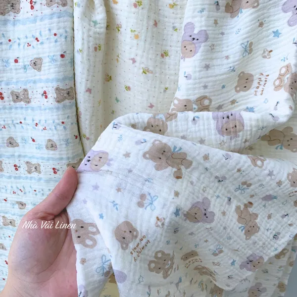 Xô muslin cao cấp 2 lớp hoạ tiết gấu thỏ