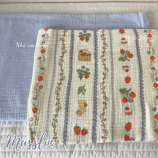 Xô muslin cao cấp 2 lớp hoạ tiết vườn dâu