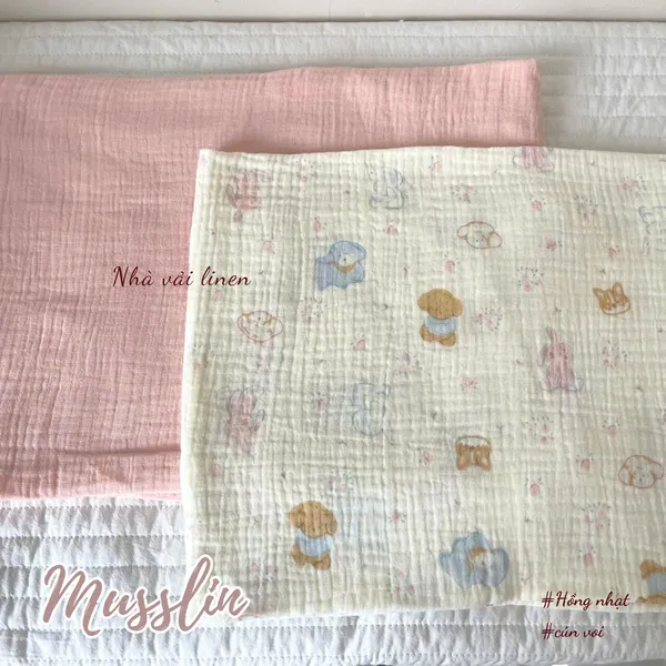 Xô muslin cao cấp 2 lớp hoạ tiết cún voi