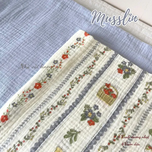 Xô muslin cao cấp 2 lớp hoạ tiết vườn dâu
