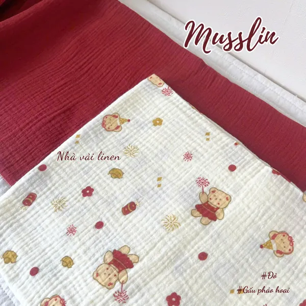 Xô muslin cao cấp 2 lớp hoạ tiết gấu pháo hoa