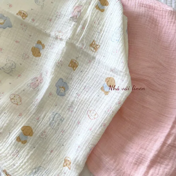 Xô muslin cao cấp 2 lớp hoạ tiết cún voi