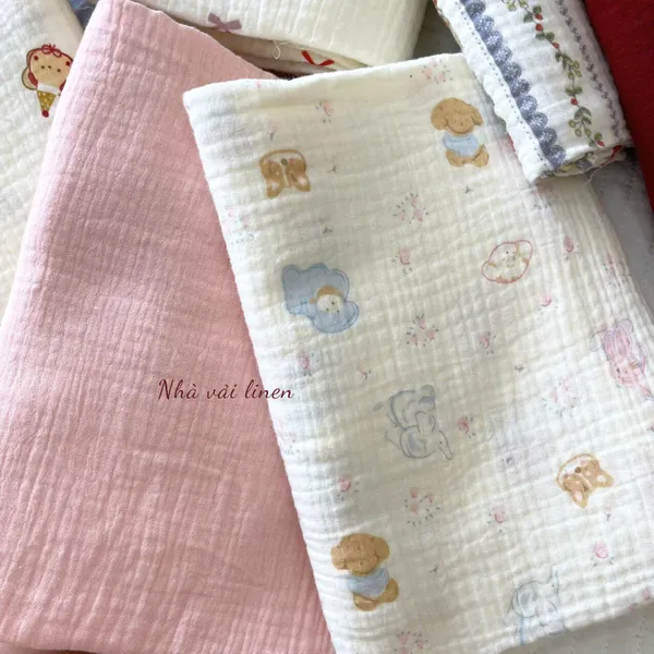 Xô muslin cao cấp 2 lớp hoạ tiết cún voi