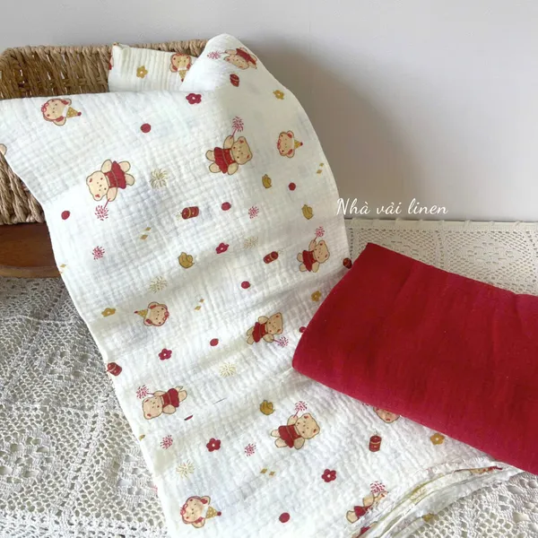 Xô muslin cao cấp 2 lớp hoạ tiết gấu pháo hoa