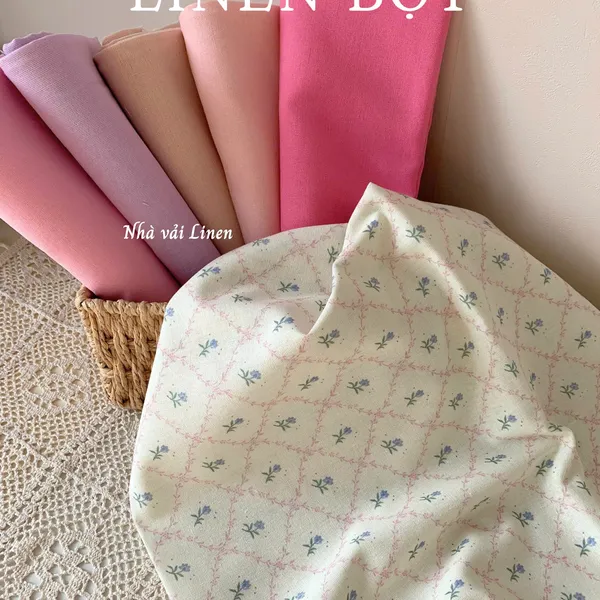 Vải linen bột hoa tím sọc hồng