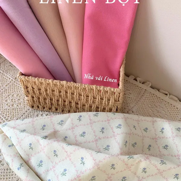 Vải linen bột hoa tím sọc hồng