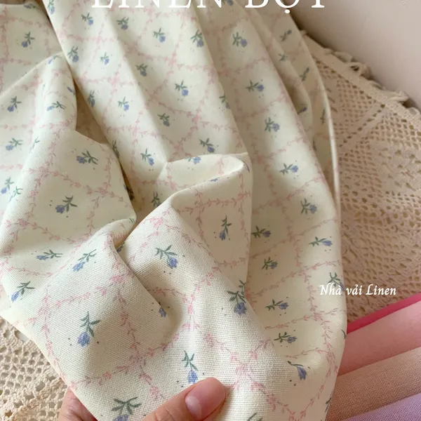 Vải linen bột hoa tím sọc hồng
