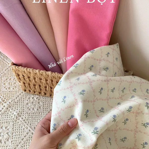 Vải linen bột hoa tím sọc hồng